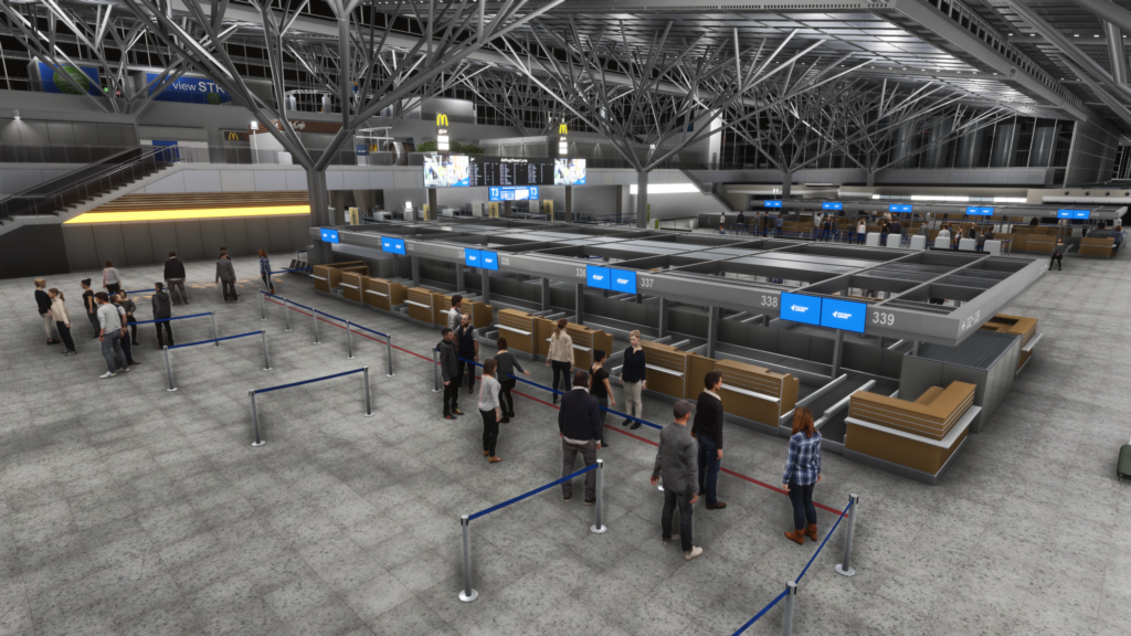 La zone d'enregistrement de l'aéroport d'Aerosoft Stuttgart compte la file d'attente des passagers Microsoft Flight Simulator 2024, détail du hall du terminal