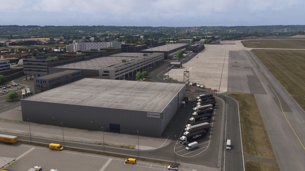 Vue d'ensemble de l'aire de fret de l'aéroport de Stuttgart, zone logistique, paysage MSFS 2024, zone moins détaillée