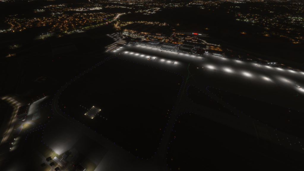 Aperçu du système d'éclairage du tablier de nuit de l'aéroport de Stuttgart MSFS 2024, éclairage réaliste du paysage