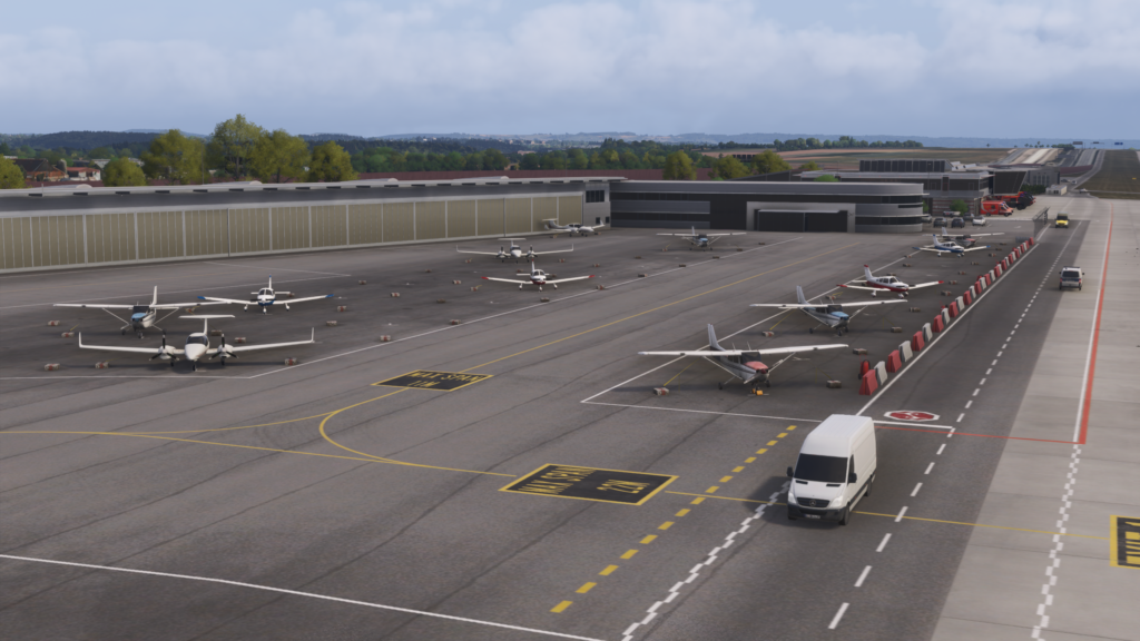 Tablier d'aviation générale de l'aéroport de Stuttgart, parking pour avions légers, taxi, détails du paysage MSFS 2024