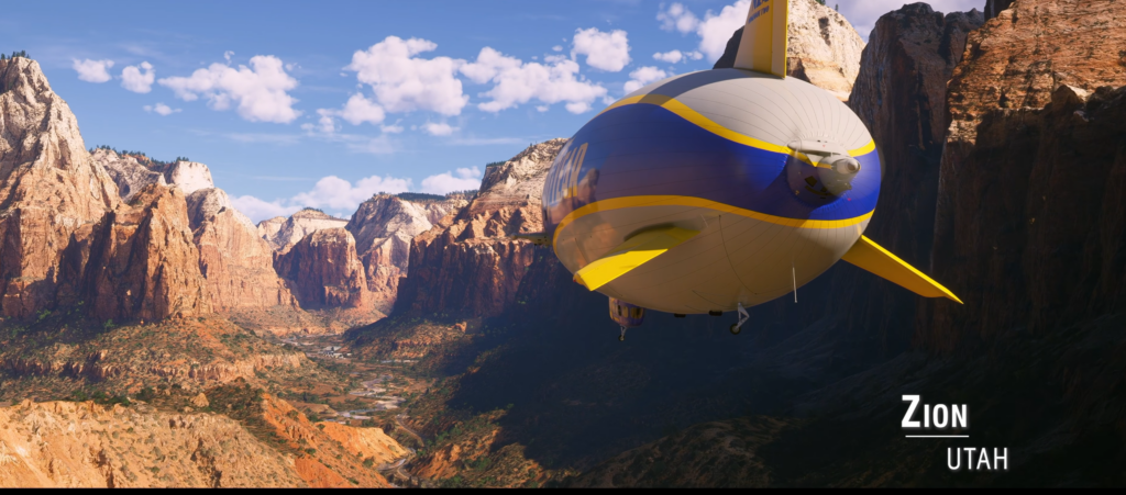 Goodyear Blimp survolant le parc national de Zion dans Microsoft Flight Simulator 2024 World Update 22