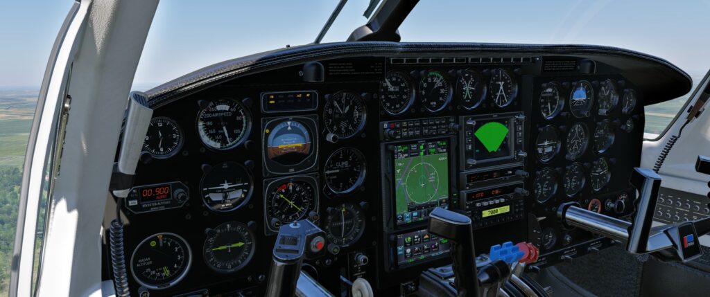 Cockpit CIS Piper Chieftain avec jauges à vapeur, écrans GPS et radar météo