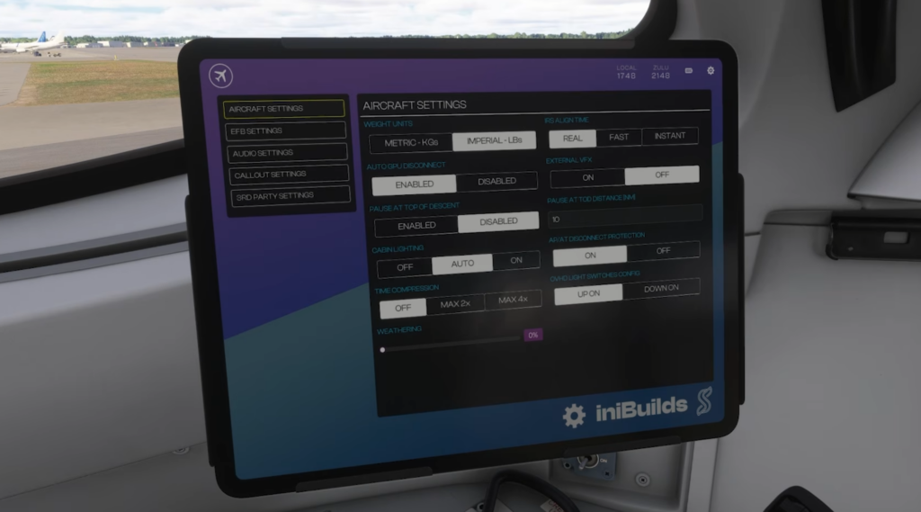 Page des paramètres de l'avion sur le Synaptic A220-300 EFB dans Microsoft Flight Simulator.