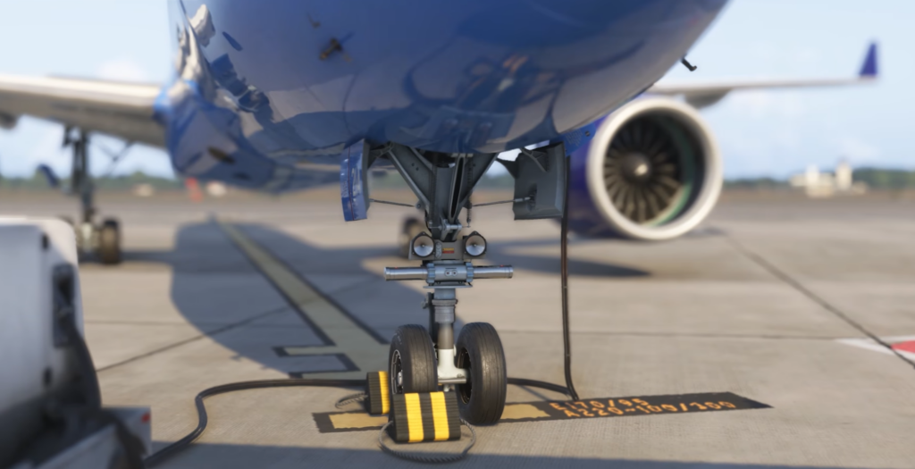 Modèle détaillé du train d'atterrissage avant du Synaptic A220-300 dans Microsoft Flight Simulator.