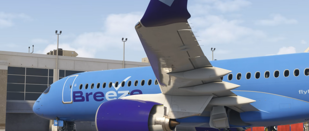 Détails de l'aile et du fuselage du Synaptic A220-300 en livrée Breeze Airways.
