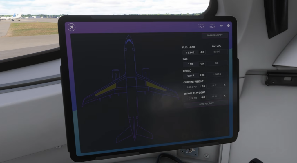 Page de chargement de carburant, de passagers et de fret sur le Synaptic A220-300 EFB.