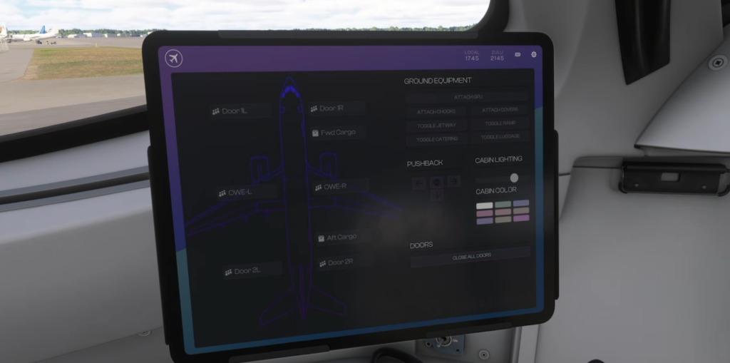 Équipements au sol et commandes d'éclairage de la cabine sur le Synaptic A220-300 EFB.