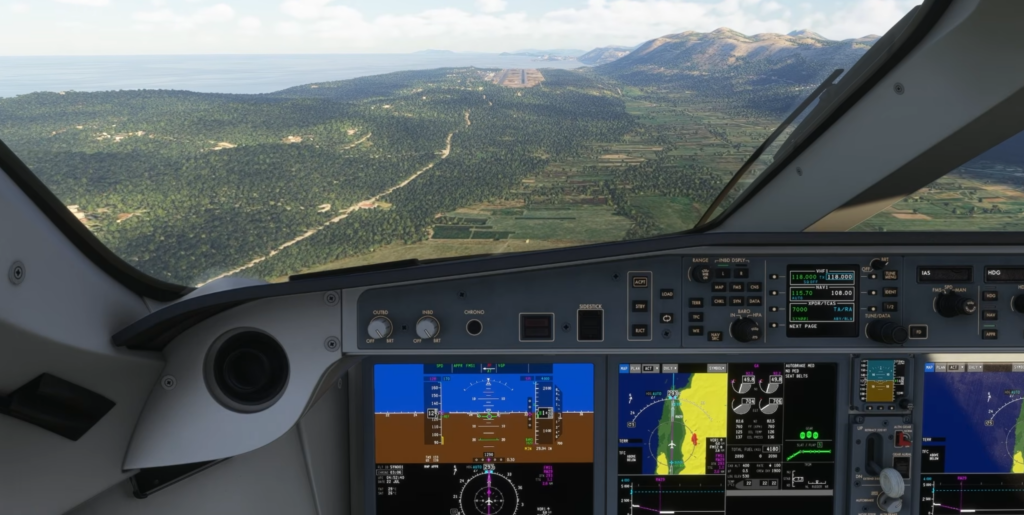 Cockpit du Synaptic A220-300 en approche finale à l'aéroport de Dubrovnik (LDDU).