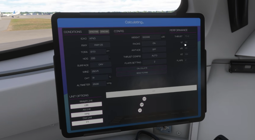 Calculateur de performances de décollage affiché sur le Synaptic A220-300 EFB.