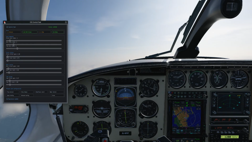 Fenêtre de paramètres CIS Control Feel dans le cockpit du Piper Chieftain