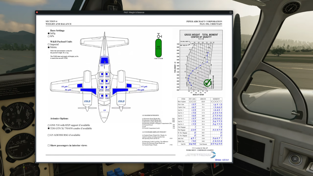 Feuille de calcul de masse et centrage du CIS Piper Chieftain avec tableau de chargement et paramètres de charge utile