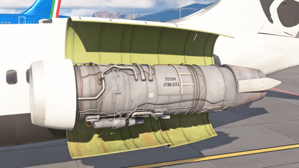 Gros plan du moteur gauche de l'avion et de la nacelle ouverte montrant les détails du modèle 3D mis à jour