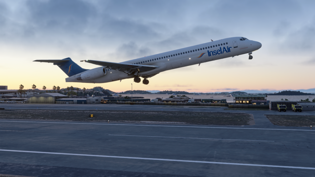 Pilotez le Maddog MD-82 en livrée InselAir au décollage de Saint-Martin au coucher du soleil.
