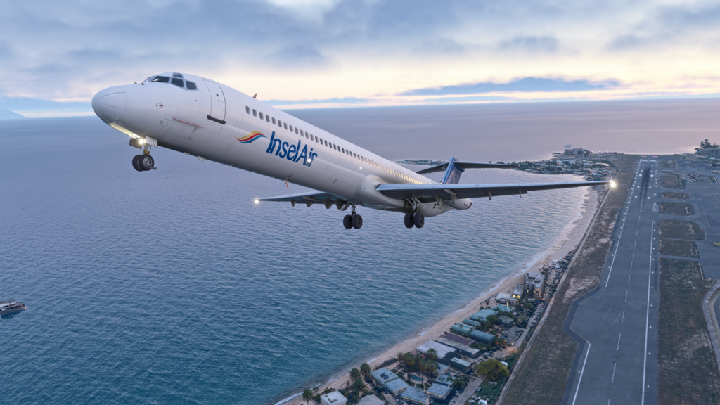 Pilotez le Maddog MD-82 en livrée InselAir qui décolle de Saint-Martin au coucher du soleil avec la plage en vue.