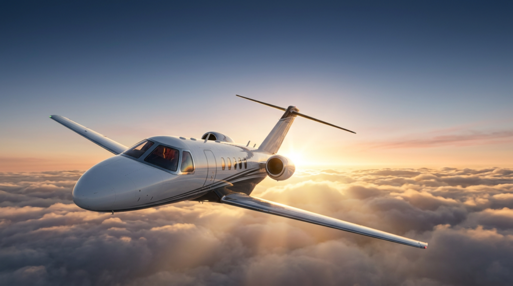 Citation CJ4 volant au-dessus d'une couche nuageuse au coucher du soleil, illustrant le projet de cockpit domestique grandeur nature du 525Charlie.